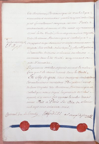 Verdrag van Parijs, beëindiging van de Zevenjarige Oorlog, ondertekend door Frankrijk, Groot-Brittannië en Spanje op 10 februari 1763 door French School